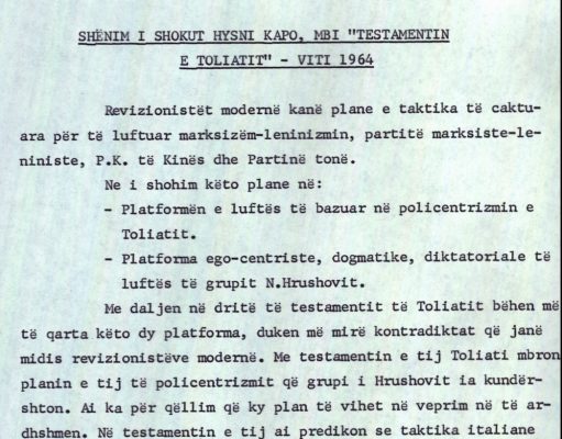 Testamenti i Toliatit dhe Shënimi i Hysni Kapos – Një betejë ideologjike në zemër të komunizmit evropian