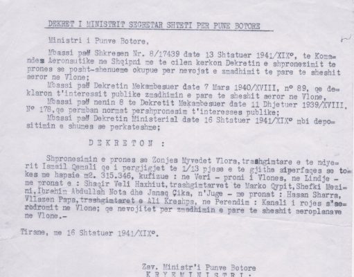 Dokumenti i vitit 1941: Prona e vajzës së Ismail Qemalit u shpronësua për zgjerimin e aerodromit të Vlorës